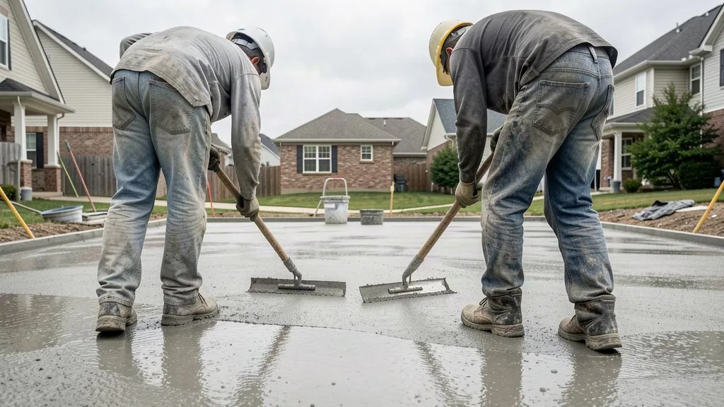 Concrete crew finishing a driveway in a Central Texas neighborhood