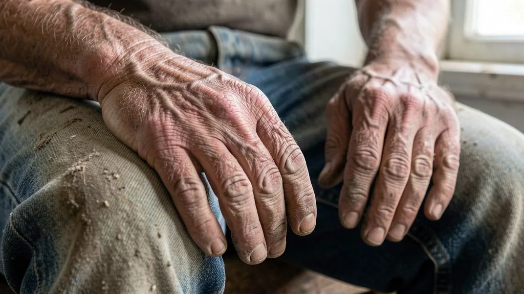 Weathered hands of a Texas tradesman at work