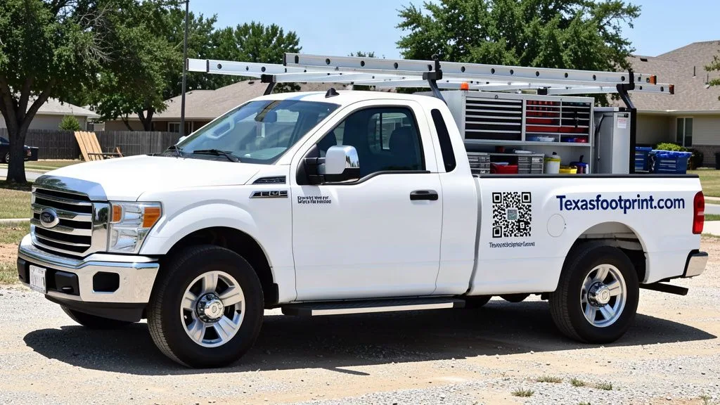 Same truck with a bold Texasfootprint.com sign and QR code — easy to read and remember
