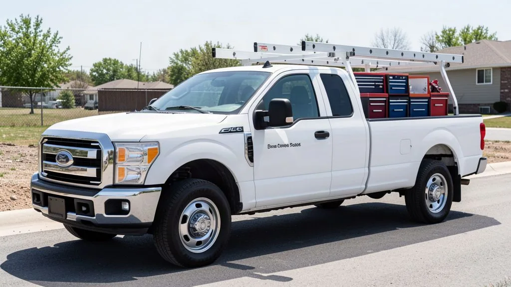 Work truck with small, hard-to-read door text — invisible on the job site