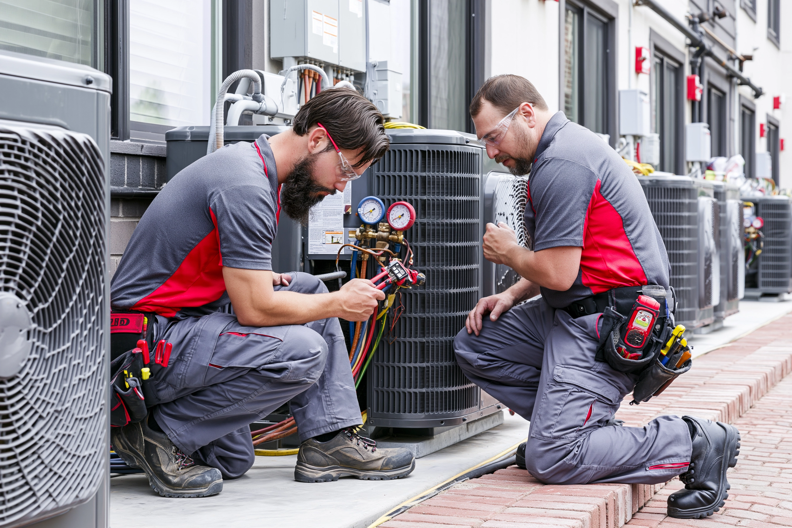 Técnico de HVAC con gafas de seguridad trabajando en un sistema residencial
