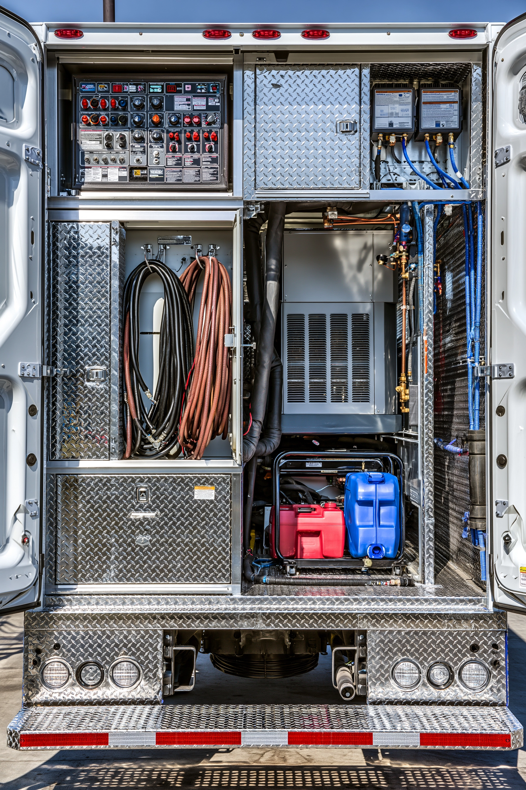 Parte trasera organizada de un camión de servicio HVAC limpio con equipo