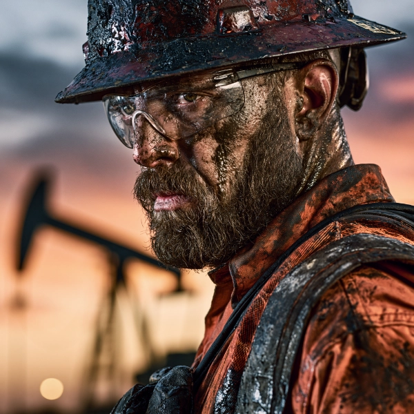 Trabajador de campos petroleros en un pozo en el oeste de Texas al atardecer