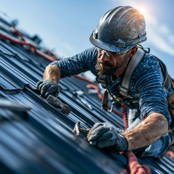 Professional roofer installing shingles on a residential roof