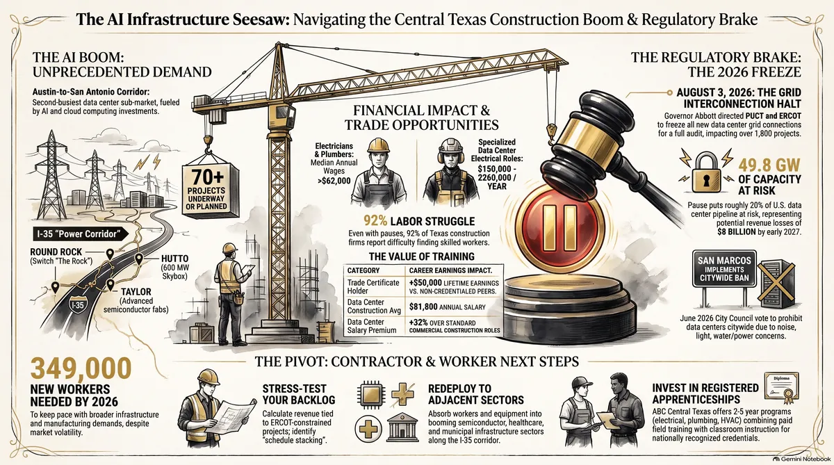 Infographic: The AI Infrastructure Seesaw — Central Texas construction boom meets regulatory freeze. Shows data center demand, grid halt, wages, and workforce gaps along the I-35 corridor.